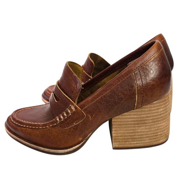 Kork Ease Modeste Penny Loafer Heels Brown Leather Pump Chunky Block Slip On 8.5 - Picture 1 of 16